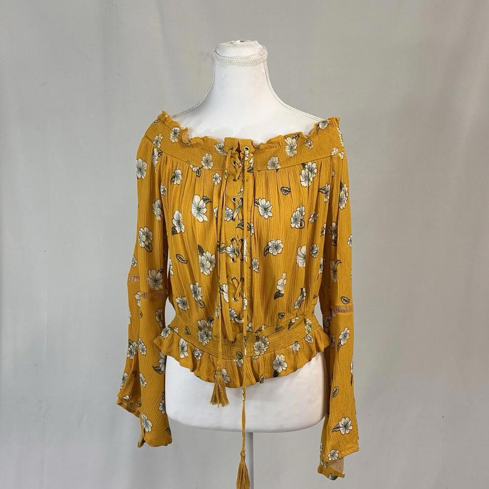 Wishful Park Sz L Off Shoulder‎ Lace Up Smocked Floral Top Coquette Romantic